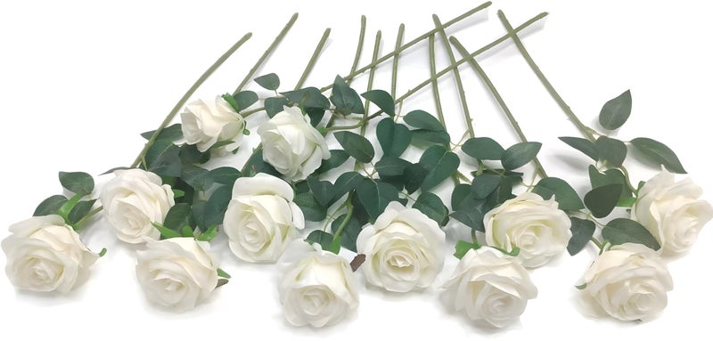 Laelfe 12 Pcs White Artificial Roses Long Stem Faux Silk White Flowers Fake Roses for Wedding Bridal Bouquet Home Party Arrangment Hotel Garden Decoration Cream