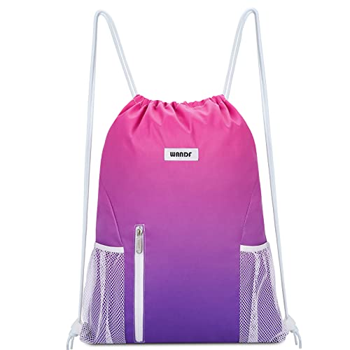 WANDF Drawstring Backpack Sports Gym Sackpack with Mesh Pockets Water Resistant String Bag for Women Men (Rose Red) - Image 1