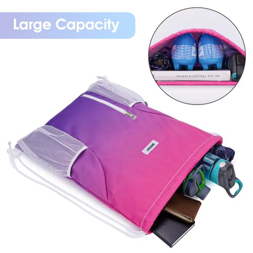 WANDF Drawstring Backpack Sports Gym Sackpack with Mesh Pockets Water Resistant String Bag for Women Men (Rose Red) - Image 2