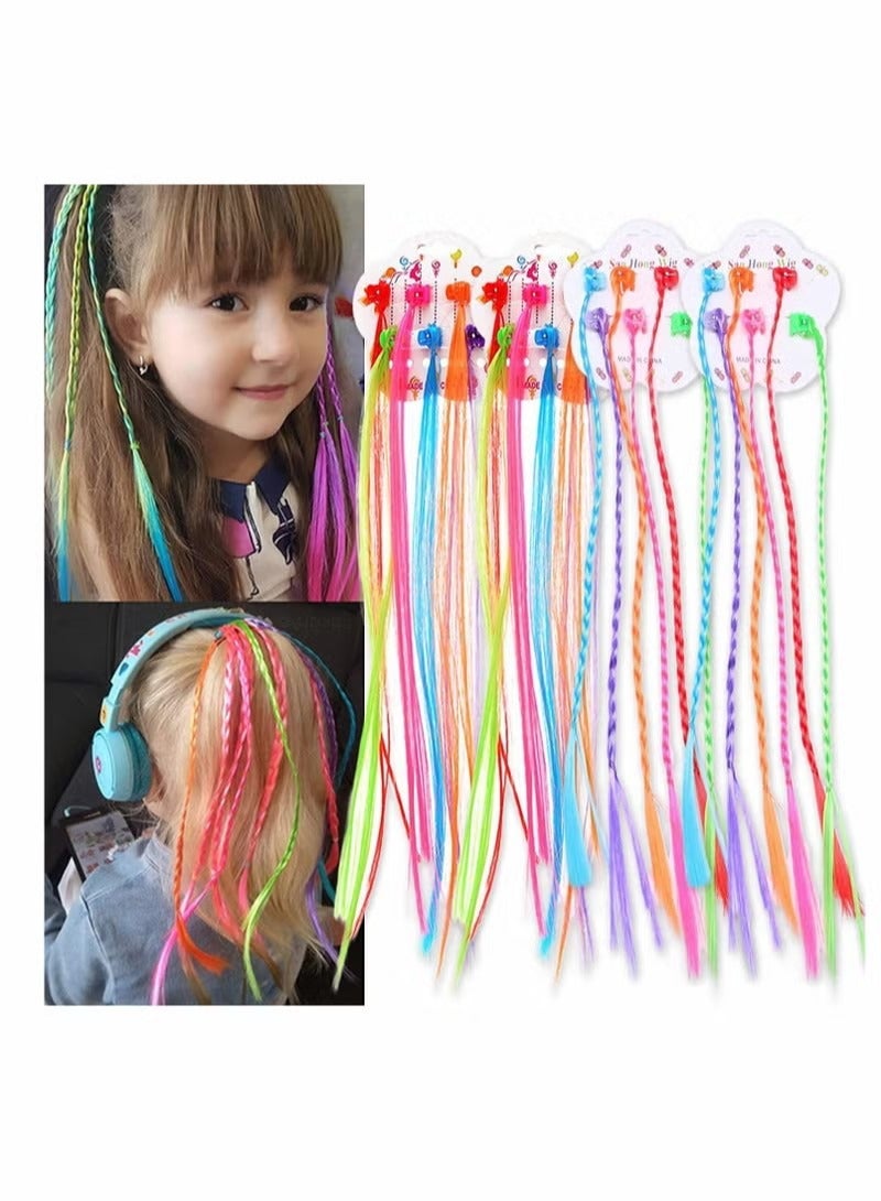 Generic Children's Hair Extensions with Hair Clips, Clip-on Rainbow Neon Braid Hair Extensions for Girls Hair Decoration Birthday Party Good for Children's Show 24Pcs - Image 1