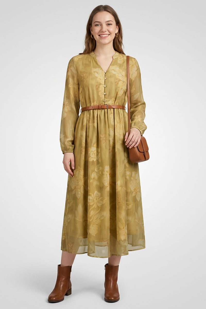 Material Girl Women Floral Print Midi Dress, Olive - Image 1