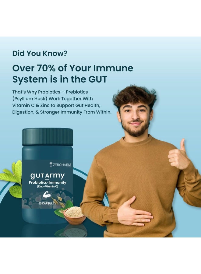 ZEROHARM Gut Army Probiotics & Prebiotics | Psyllium Husk, Lactobacillus Acidophilus, Vitamin C & Zinc | Immunity and Gut Health Supplement | Promotes Natural Gut Health & Digestion | 60 Veg Capsules - Image 4