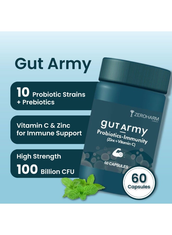 ZEROHARM Gut Army Probiotics & Prebiotics | Psyllium Husk, Lactobacillus Acidophilus, Vitamin C & Zinc | Immunity and Gut Health Supplement | Promotes Natural Gut Health & Digestion | 60 Veg Capsules - Image 2