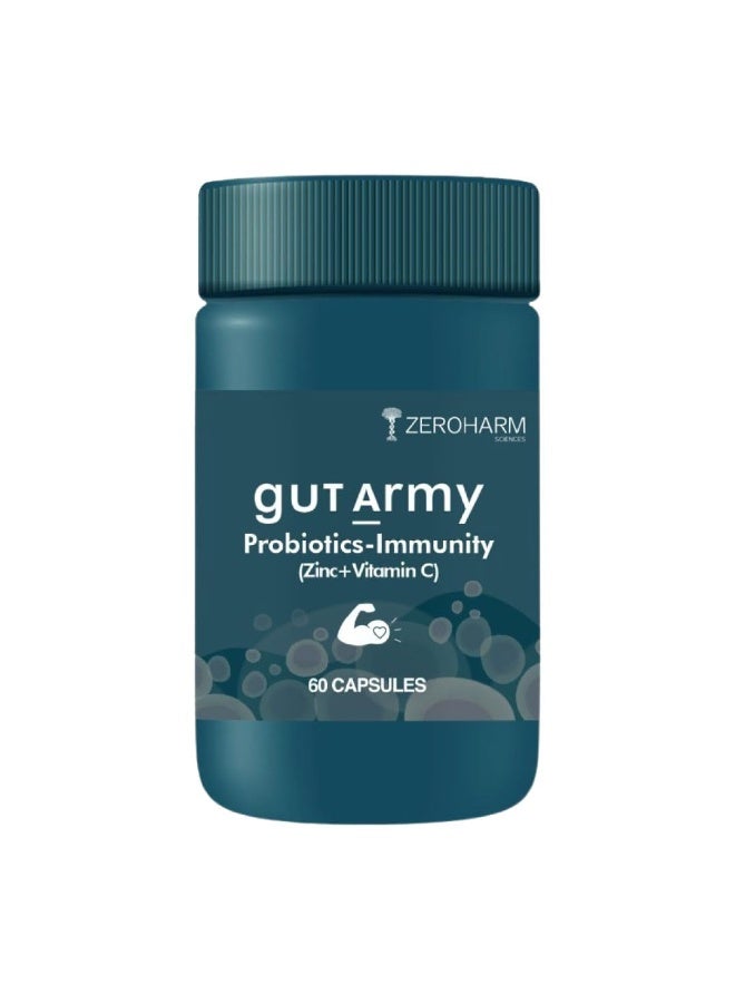 ZEROHARM Gut Army Probiotics & Prebiotics | Psyllium Husk, Lactobacillus Acidophilus, Vitamin C & Zinc | Immunity and Gut Health Supplement | Promotes Natural Gut Health & Digestion | 60 Veg Capsules - Image 1