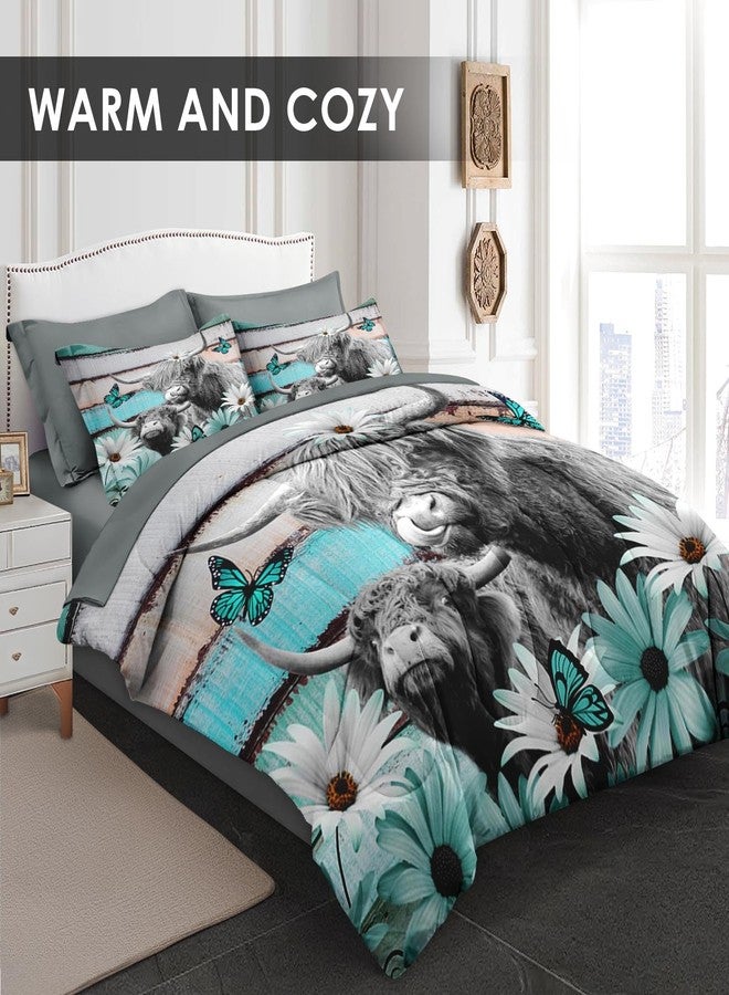 Pamnest Comforter Set Queen Size, Highland Cow Bull 7 Pcs Bedding for Kids and Adults, Flower Daisy Retro Bed Sheet Sets with Fitted Sheet 2 Pillowcases & 2 Shams for Bedroom Bed Decor - Image 2