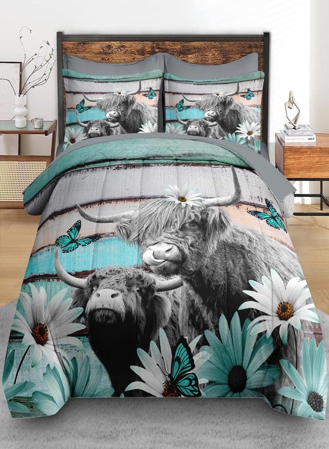 Pamnest Comforter Set Queen Size, Highland Cow Bull 7 Pcs Bedding for Kids and Adults, Flower Daisy Retro Bed Sheet Sets with Fitted Sheet 2 Pillowcases & 2 Shams for Bedroom Bed Decor - Image 3