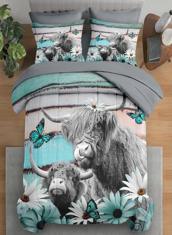 Pamnest Comforter Set Queen Size, Highland Cow Bull 7 Pcs Bedding for Kids and Adults, Flower Daisy Retro Bed Sheet Sets with Fitted Sheet 2 Pillowcases & 2 Shams for Bedroom Bed Decor - Image 1