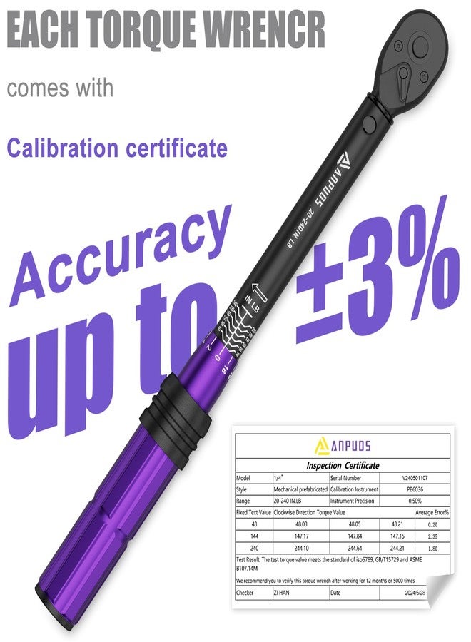 ANPUDS 1/4 Inch Drive Click Torque Wrench, 20-240 in.lb/2.3-27.1 Nm, Aluminum Adjustable Inch Pound with 72 Tooth, Dual Range Scales, Small Bike Torque Wrench for Bicycle Maintenance - Image 3