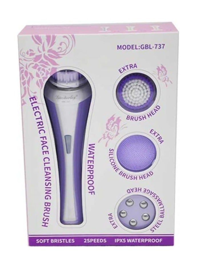 Electric Facial Cleansing Brush, Waterproof Facial Cleansing Brush, 4 Brush Set, Steel Ball Massage Head, Silicone Brush Head and 2 Brush Heads - Image 1