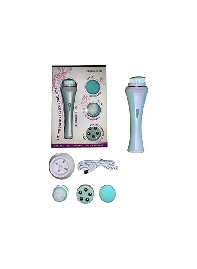 Electric Facial Cleansing Brush, Waterproof Facial Cleansing Brush, 4 Brush Set, Steel Ball Massage Head, Silicone Brush Head and 2 Brush Heads - Image 2