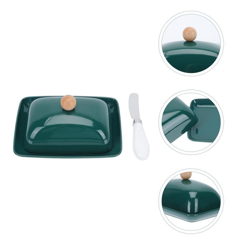 Ceramic Butter Dish with Lid and Cutter Green Kitchen Storage Cheese Serving Tray Set - Image 5