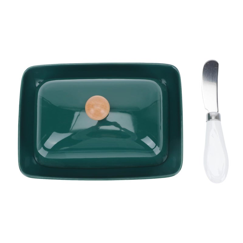 Ceramic Butter Dish with Lid and Cutter Green Kitchen Storage Cheese Serving Tray Set - Image 2