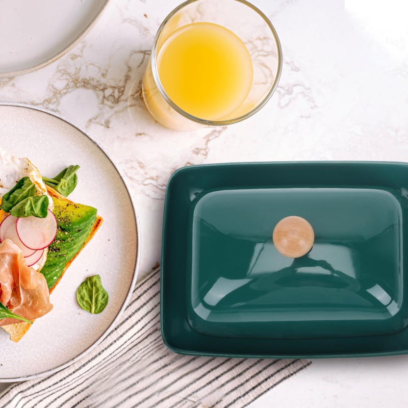 Ceramic Butter Dish with Lid and Cutter Green Kitchen Storage Cheese Serving Tray Set - Image 3