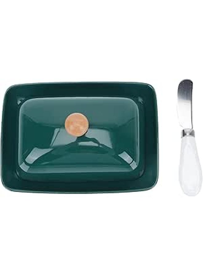 Ceramic Butter Dish with Lid and Cutter Green Kitchen Storage Cheese Serving Tray Set - Image 1