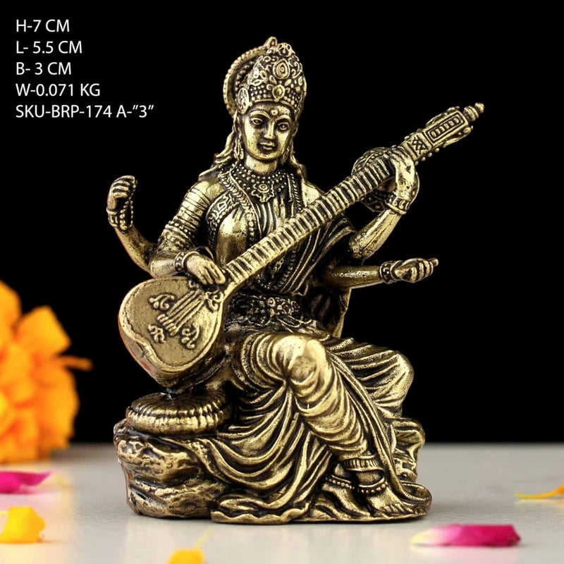INDICAST Handcrafted Brass Goddess Saraswati Statue for Home Temple 3 Maa Saraswati Figurine Idol Murti Symbol of Learning Creativity Weight 80gm - Image 2
