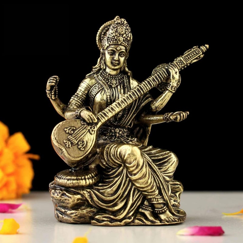 INDICAST Handcrafted Brass Goddess Saraswati Statue for Home Temple 3 Maa Saraswati Figurine Idol Murti Symbol of Learning Creativity Weight 80gm - Image 1