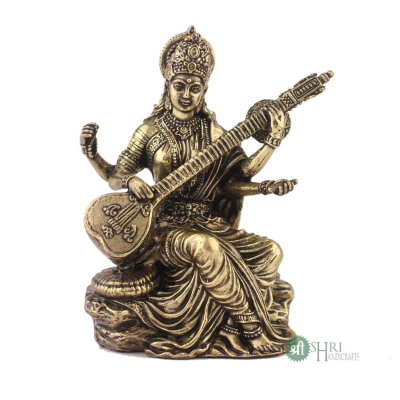 INDICAST Handcrafted Brass Goddess Saraswati Statue for Home Temple 3 Maa Saraswati Figurine Idol Murti Symbol of Learning Creativity Weight 80gm - Image 5