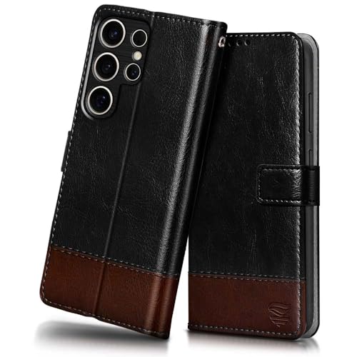 FLIPPED Vegan Leather Flip Case Back Cover for Samsung Galaxy S25 Ultra 5G (Flexible, Shock Proof | Hand Stitched Leather Finish | Card Pockets Wallet & Stand | Black with Brown) - Image 1