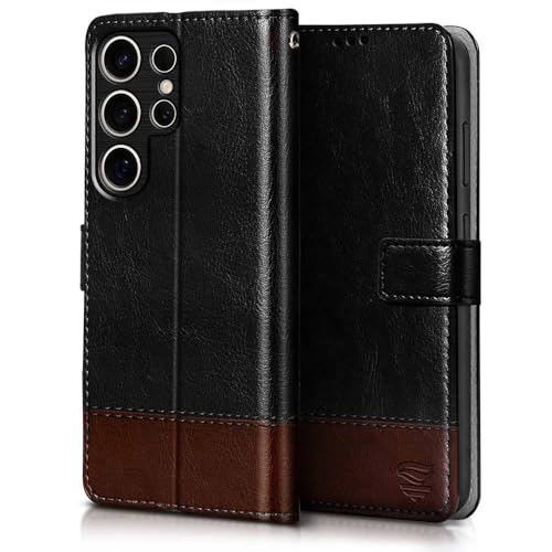 FLIPPED Vegan Leather Flip Case Back Cover for Samsung Galaxy S25 Ultra 5G (Flexible, Shock Proof | Hand Stitched Leather Finish | Card Pockets Wallet & Stand | Black with Brown) - Image 3