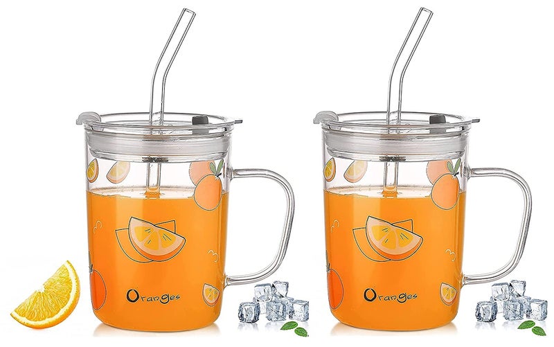 Golden Bird Golden bird Random Print Glass Mug with Straw and Lid,Straw for Kids & Adult Glass Water Tumbler with Scale Line, Leak Proof, Easy to Clean,Perfect for Milk,Juice,Coffee (400 ML,Pack of 2) - Image 1
