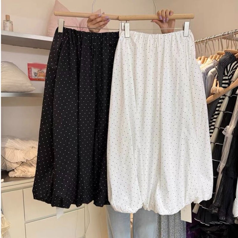 Spring and Summer New Korean Style Loose High-Waist Elastic Design Age-Reducing Commuting Casual Versatile Polka-Dot Puffy Skirt for Women Black [with lining] 