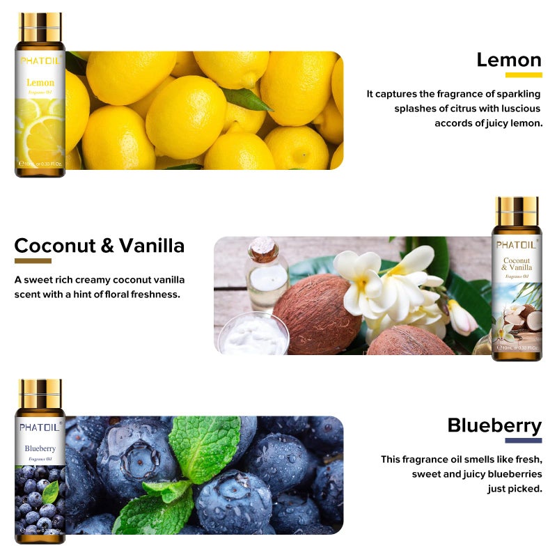 PHATOIL مجموعة زيوت العطر الفاكهية PHATOIL 9 قطع لصنع الصابون والموزعات، 10 مل/0.33 أونصة سائلة خيار بطيخ، جوز هند وفانيليا، خوخ، كمثرى، تفاح أخضر، توت أزرق، تفاح، تين، ليمون - Image 4