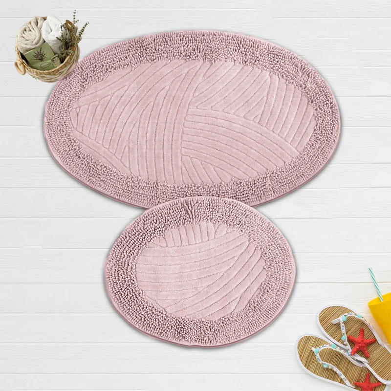 Faiend Geometric Pattern Set of 2 Oval Bathroom Mat Set 100% Natural Cotton Round Mop Toilet Bowl Set