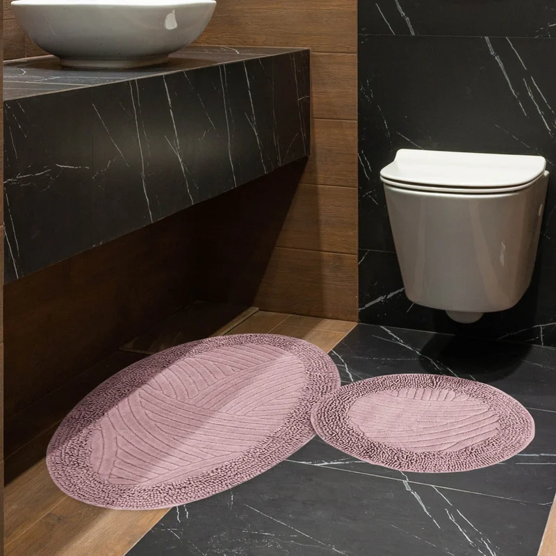 Faiend Geometric Pattern Set of 2 Oval Bathroom Mat Set 100% Natural Cotton Round Mop Toilet Bowl Set