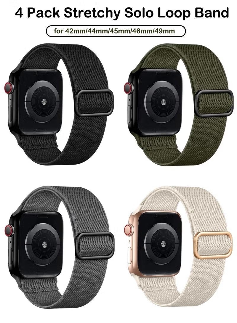 عبوة من 4 أساور مرنة أحادية الحلقة متوافقة مع ساعات أبل بمقاسات 49 مم، 46 مم، 45 مم، 44 مم، 42 مم، حزام مضفر مطاطي ناعم من النايلون لساعات iWatch Series 10، 9، 8، 7، 6، 5، 4، 3، 2، 1، SE، Ultra 2 - Image 1