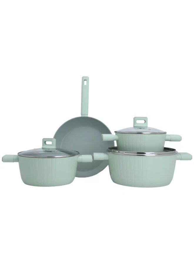 Aluminum Cookware Set with Glass Lid, 7 Pieces, 20 / 24 / 28 / (28) cm - Light Green - Image 1