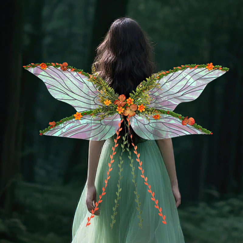 RENEMEGO Fairy Wings for Adult Women - Mother Nature Costume Woodland Elf Wings with Yellow Flowers Leaves and Orange Vines for Women Butterfly Wings for Renaissance Renfaire Halloween Costume - Image 2