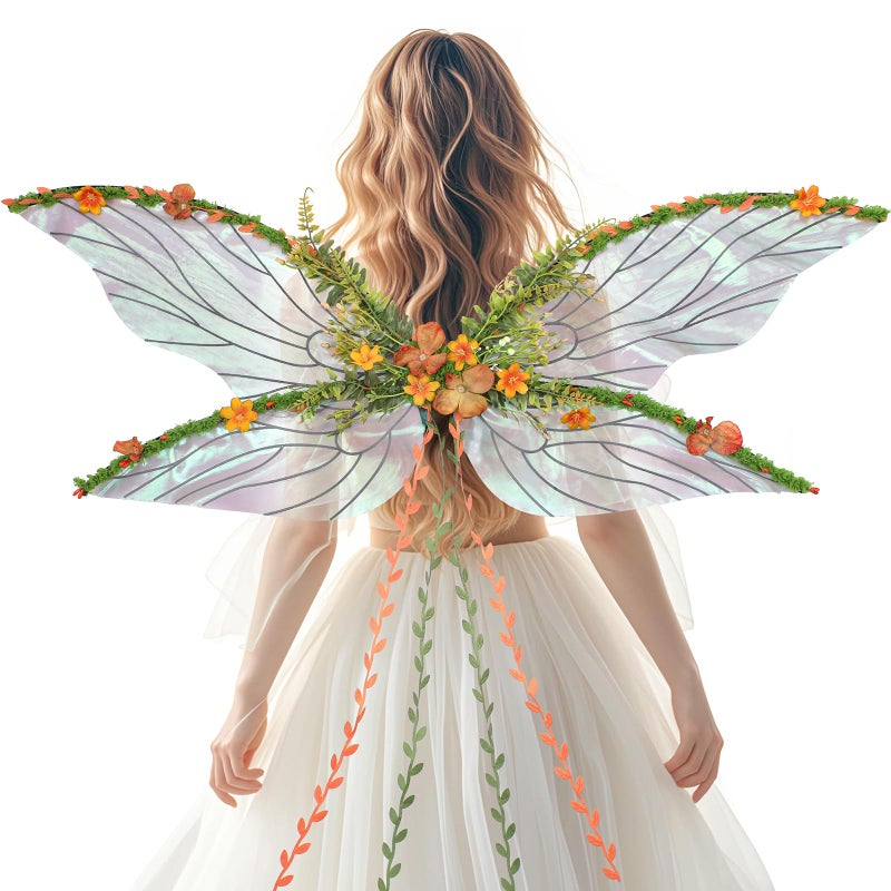 RENEMEGO Fairy Wings for Adult Women - Mother Nature Costume Woodland Elf Wings with Yellow Flowers Leaves and Orange Vines for Women Butterfly Wings for Renaissance Renfaire Halloween Costume - Image 3