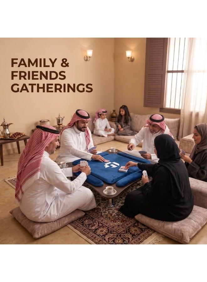 فور بلس طاولة بلوت أرضية منحنية لأربعة لاعبين، سطح مخملي، مقاس 80×80×17 سم، لون أزرق (نوع الخشب: جوز داكن) - Image 4