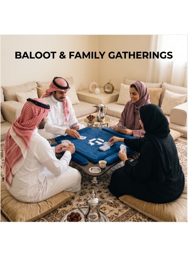 فور بلس طاولة بلوت أرضية منحنية لأربعة لاعبين، سطح مخملي، مقاس 80×80×17 سم، لون أزرق (نوع الخشب: جوز داكن) - Image 2