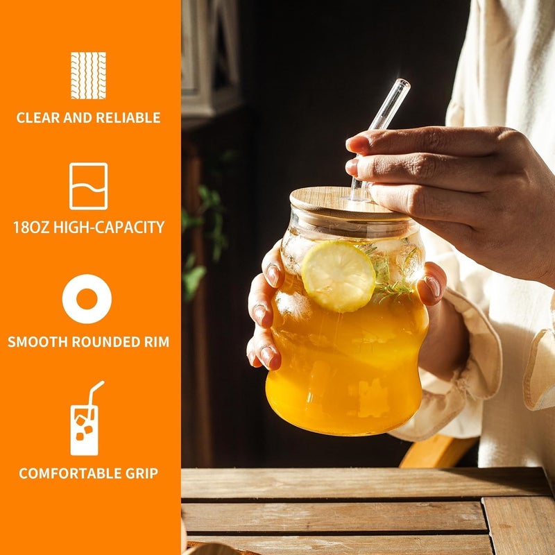 KELVEE Reusable Glass Tumbler with Airtight Lid and Straw Pack of 1, 400ml Travel Coffee Sipper Mug for Juice Cocktail Iced Tea Smoothie Hot Cold Drink Cup Home & Office (Curve) - Image 2