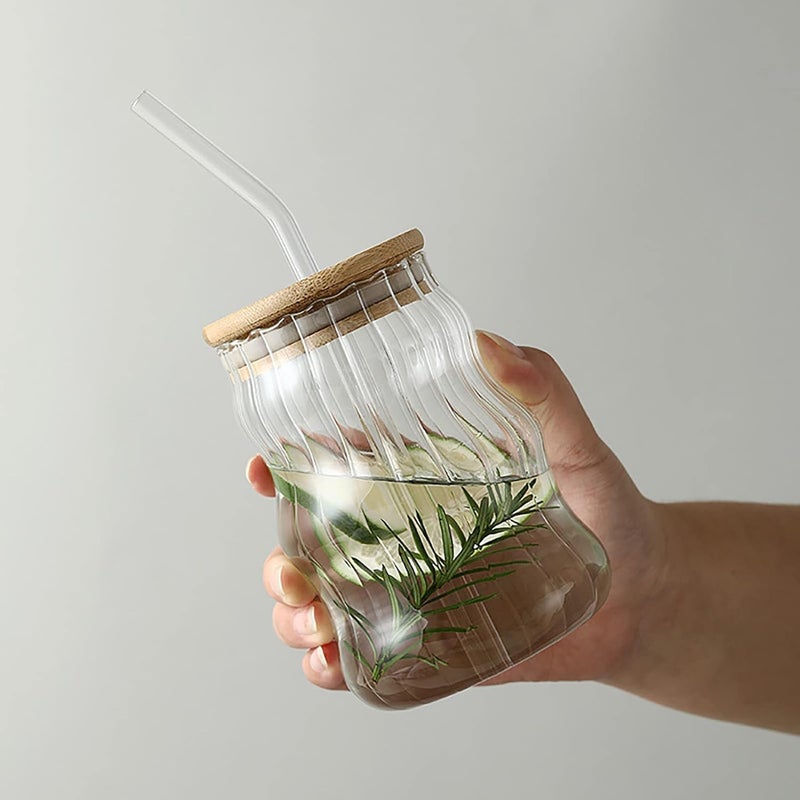 KELVEE Reusable Glass Tumbler with Airtight Lid and Straw Pack of 1, 400ml Travel Coffee Sipper Mug for Juice Cocktail Iced Tea Smoothie Hot Cold Drink Cup Home & Office (Curve) - Image 1