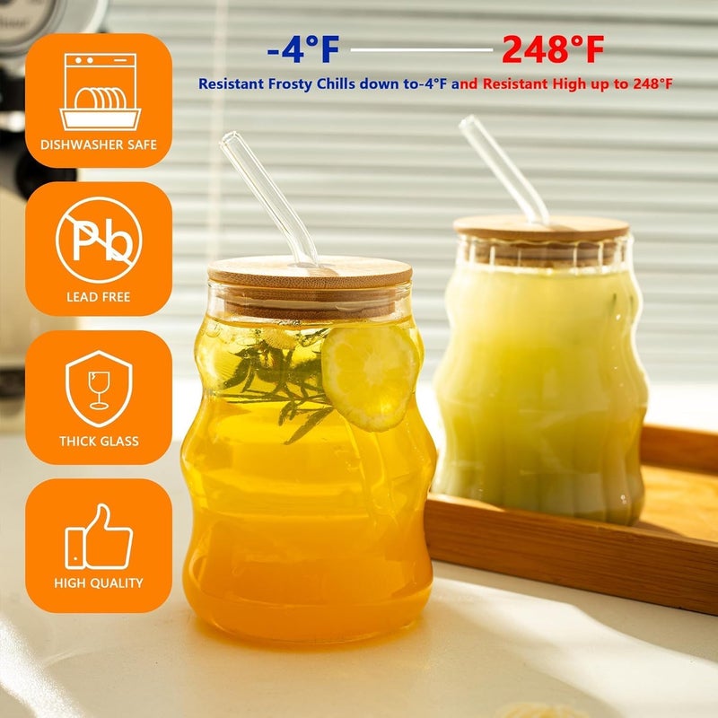 KELVEE Reusable Glass Tumbler with Airtight Lid and Straw Pack of 1, 400ml Travel Coffee Sipper Mug for Juice Cocktail Iced Tea Smoothie Hot Cold Drink Cup Home & Office (Curve) - Image 4