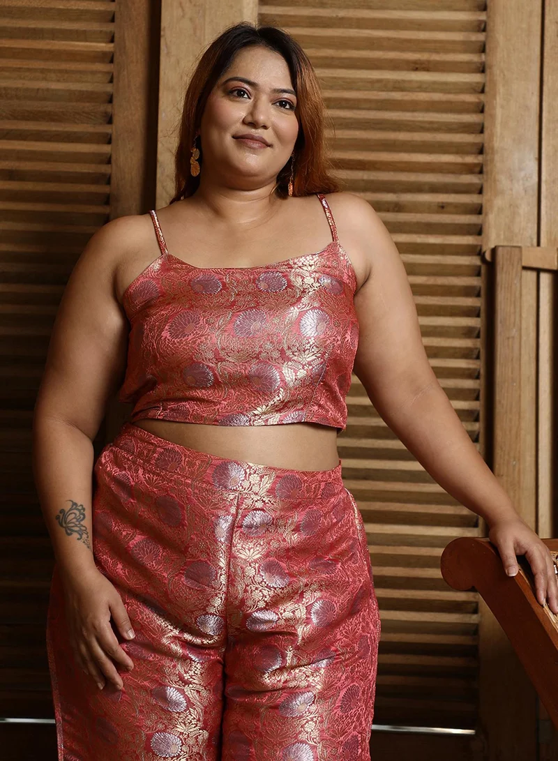 Instafab Plus Women's Blush Pink Floral Jaquard Pantsuit