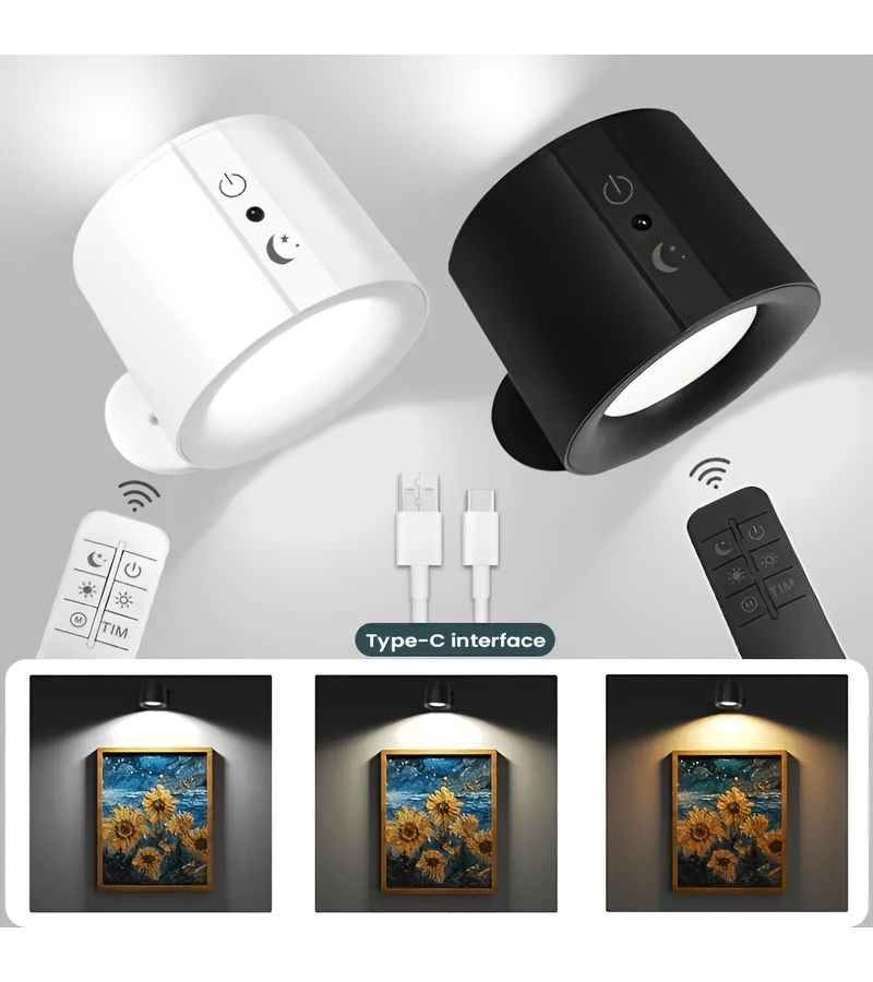 White LED Magnetic Wall Light 360 Rotate 3 Color Touch Remote USB Rechargeable - Image 1