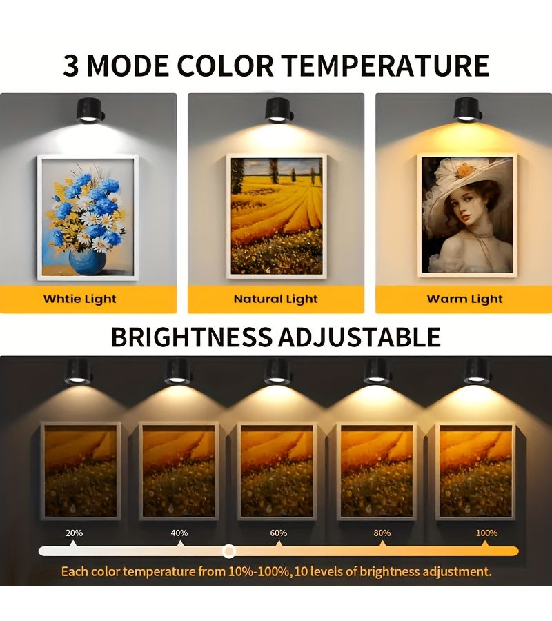 White LED Magnetic Wall Light 360 Rotate 3 Color Touch Remote USB Rechargeable - Image 5