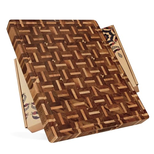 YOUSUNLONG End Grain Cutting Board 20L x 16W x 15Th Butcher Block BuiltIn Juice Grooves Handle Chopping Board Made of Acacia Wood Mixed With Oak Barbecue TrayCooktop Board - Image 1