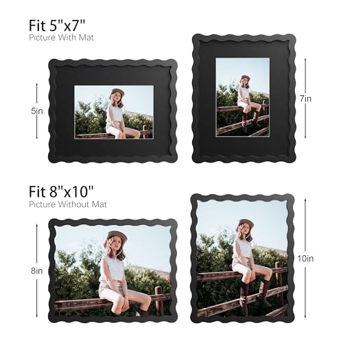 THKRLOF 8x10 Picture Frame with Mat for 5x7, Wavy Edge Wooden Real Glass Photo Frame for Tabletop and Wall Hanging, Black, 1 Pack - Image 4