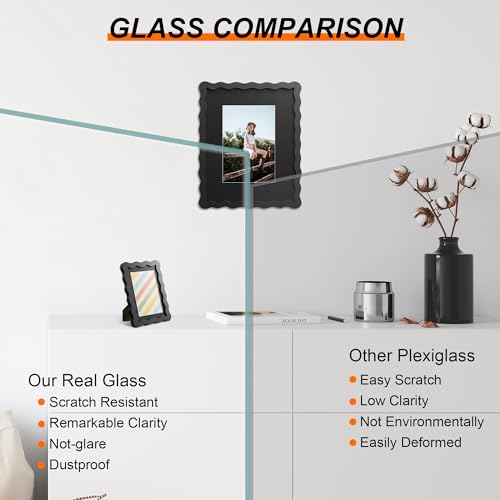 THKRLOF 8x10 Picture Frame with Mat for 5x7, Wavy Edge Wooden Real Glass Photo Frame for Tabletop and Wall Hanging, Black, 1 Pack - Image 2