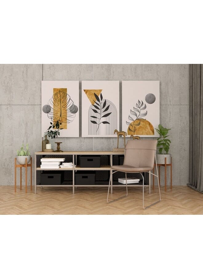 Set Of 3 Of Gold Botanical With Earth Boho Line Art Drawing With Abstract Shape