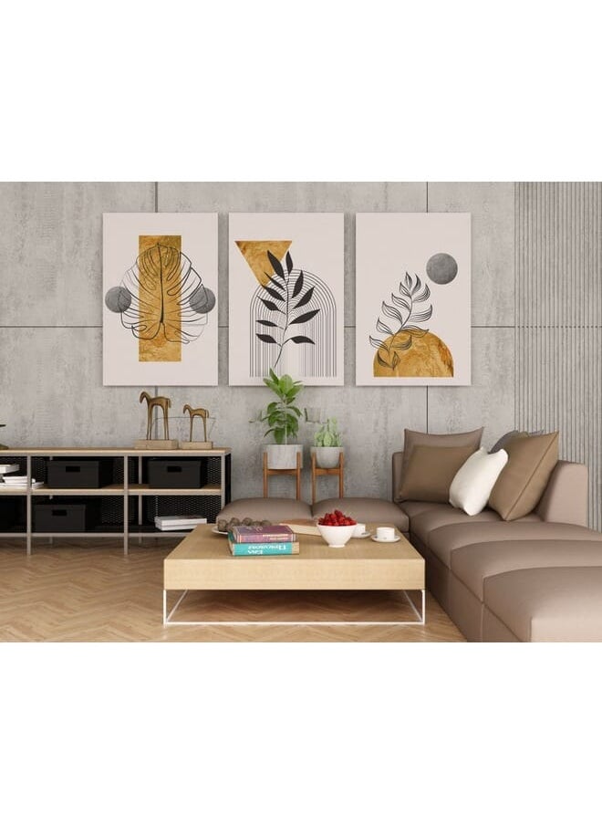Set Of 3 Of Gold Botanical With Earth Boho Line Art Drawing With Abstract Shape