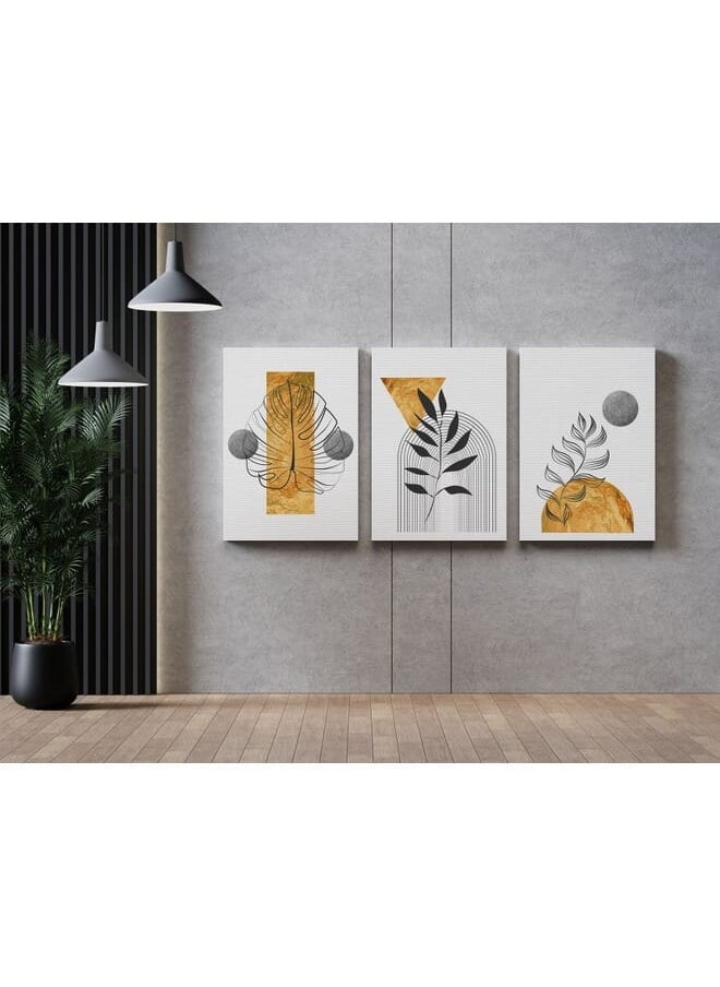 Set Of 3 Of Gold Botanical With Earth Boho Line Art Drawing With Abstract Shape