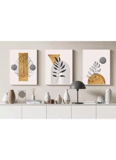 Home Gallery Set Of 3 Of Gold Botanical With Earth Boho Line Art Drawing With Abstract Shape  - Image 1