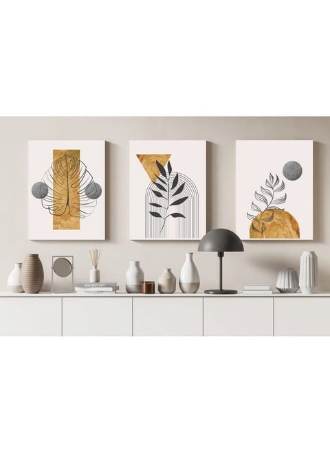 Set Of 3 Of Gold Botanical With Earth Boho Line Art Drawing With Abstract Shape