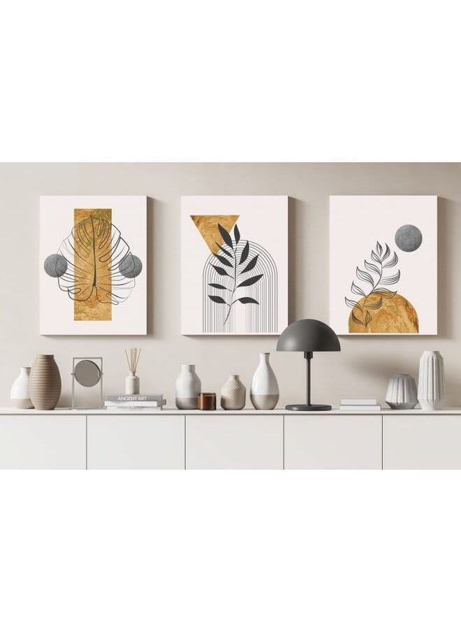 Set Of 3 Of Gold Botanical With Earth Boho Line Art Drawing With Abstract Shape