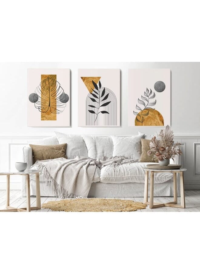 Set Of 3 Of Gold Botanical With Earth Boho Line Art Drawing With Abstract Shape